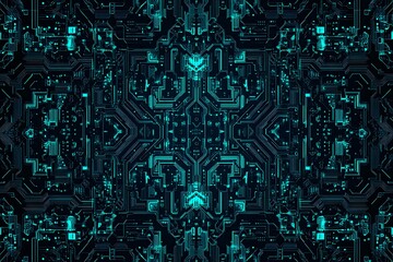 Abstract close-up of a glowing blue digital circuit board, showcasing intricate connections and technological design on a black background.
