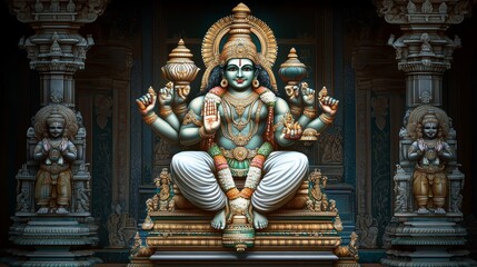 Obraz premium A detailed statue of a deity seated with multiple arms, surrounded by ornate architecture.