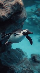A penguin swimming gracefully underwater among rocks and marine life.