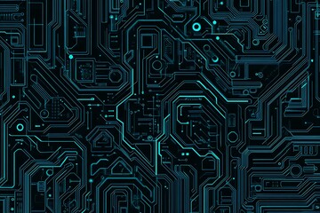 Abstract close-up of a glowing blue digital circuit board, showcasing intricate connections and technological design on a black background.
