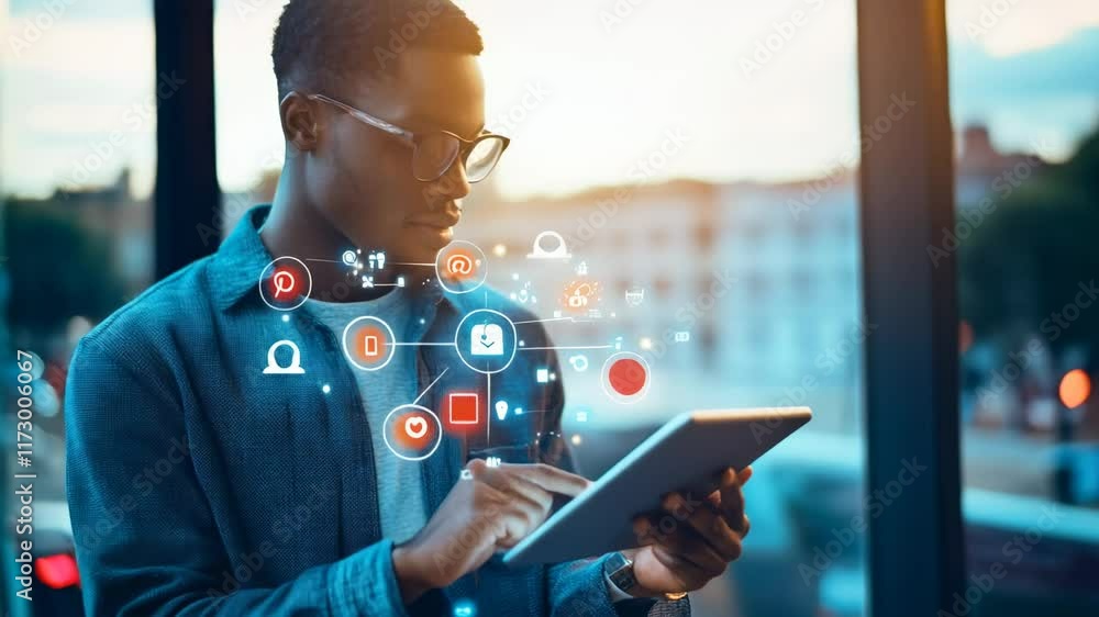 Poster businessman using a tablet with floating holographic social media icons and marketing apps, showcasi