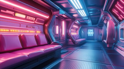 Futuristic spaceship interior with neon lighting.