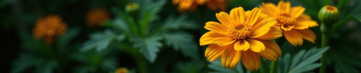 Marigold blooms in a terrarium with dark green leaves, natural, flower, dark green