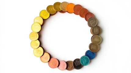 Obraz premium A circular graph with coins filling each segment, investment breakdown concept, modern infographic style, isolated on white background 