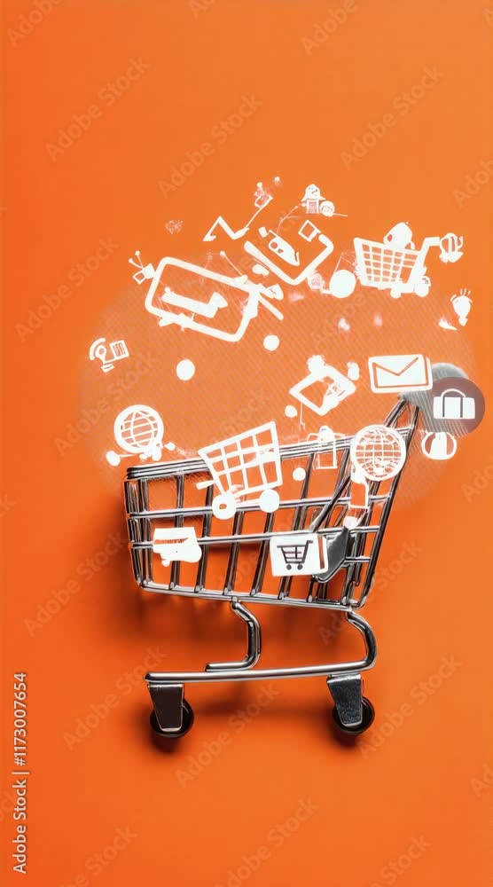 Poster miniature shopping cart on an orange background with online shopping icons floating above it, repres
