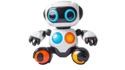 A vibrant and playful toy robot featuring colorful buttons on a white background, perfect for children's toys, educational materials, or promotional content about robotics and technology..