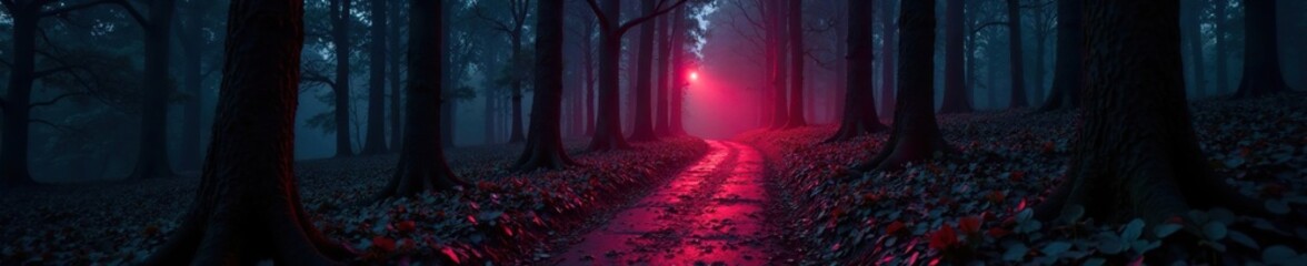 Obraz premium Red lit pathway winding through the black forest, forest, eerie, pathway