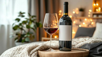 bottle of red wine with empty label beside glass on cozy table