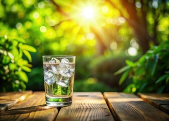 Sunlit Ice Cubes in Glass, Wooden Table, Garden Background - Summer Drink Photography