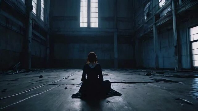 A woman sits middle of a vast, empty space, everything slowly pulling away her. She reaches out but nothing her grasp, 2D Anime-style, 4k High-Quality background animation video