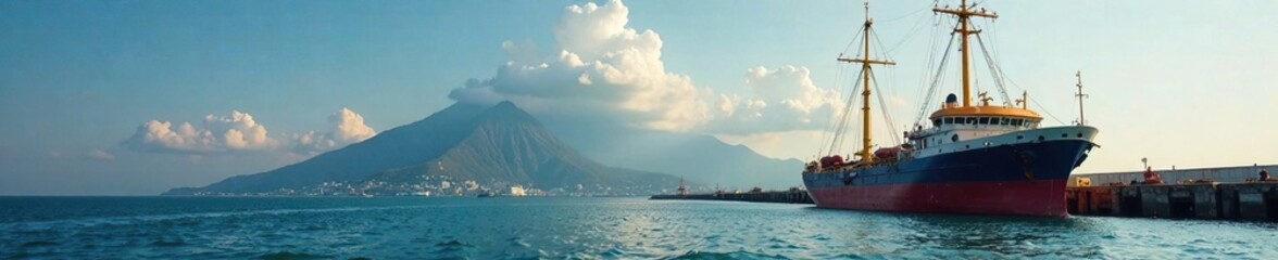 Ship anchored in the harbor with iron bulb mast, dock, sea, ship