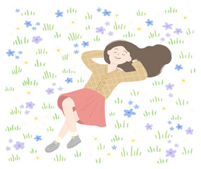 Spring illustration with a girl lying on a flowery lawn