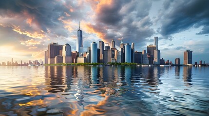Fototapeta premium Majestic skyline of New York City reflecting in the calm waters at sunset