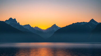 a majestic mountains during sunrise, featuring a calm lake in the foreground