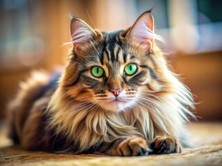 Tilt-Shift Miniature Long Hair Cat Relaxing, Cute Fluffy Pet Sleeping, Adorable Kitty Resting Pose