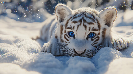 Adorable white tiger cub in snow.
