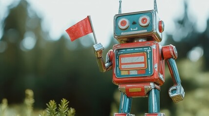 Fototapeta premium Classic tin toy robot holding a small flag in a nature setting high fidelity image for collectors
