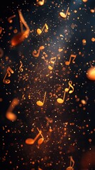 Glowing shimmering musical notes and symbols floating in a dramatic dark background creating a mesmerizing