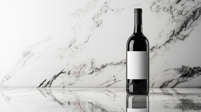 bottle of wine with empty label on marble surface, perfect for branding