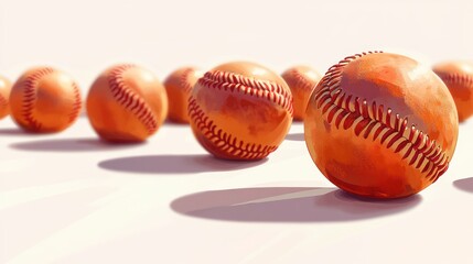 Close-up of several baseballs in a row, slightly blurred depth of field.