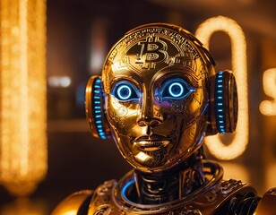 Obraz premium Futuristic golden robot with glowing blue eyes, featuring Bitcoin symbols, set in a vibrant tech environment.