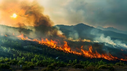 Fototapeta premium Wildfire spreads across mountainous terrain during sunset, creating a dramatic landscape