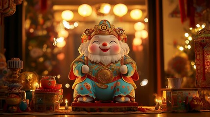 A cheerful figurine of a deity, symbolizing prosperity, surrounded by festive decorations.