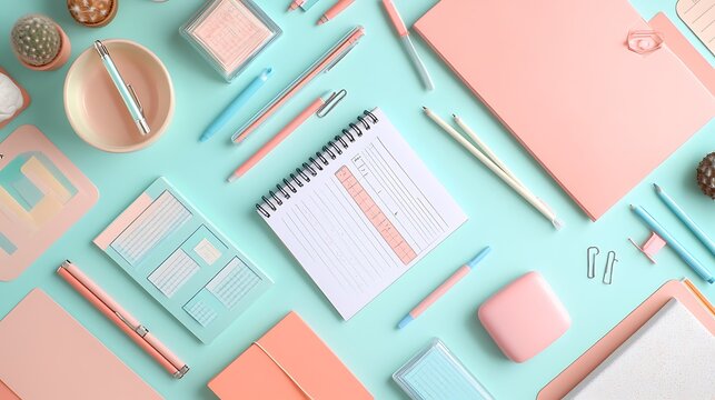 Flat lay of office supplies motivational quotes and todo lists on a workspace desk
