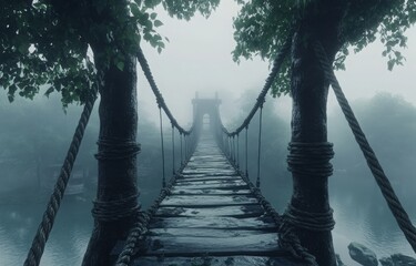 Obraz premium Rope bridge over misty river invites exploration in a serene landscape