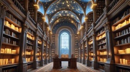 Obraz premium a grand magical library with towering book