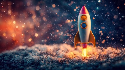 Launching a retro toy rocket starry sky high fidelity image vibrant colors dreamy environment whimsical concept