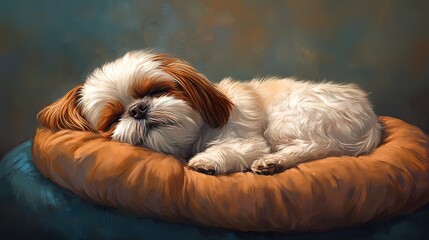 A fluffy Shih Tzu dog peacefully sleeps curled on its orange cushion bed.