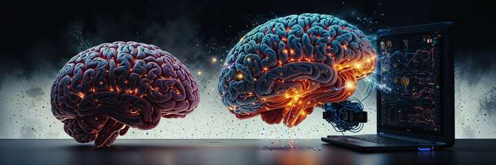 Technology brain, Merging or combined technology with close-up of the brain. Artificial intelligence concept