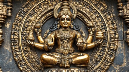 A detailed sculpture of a deity with multiple arms, symbolizing abundance and prosperity.