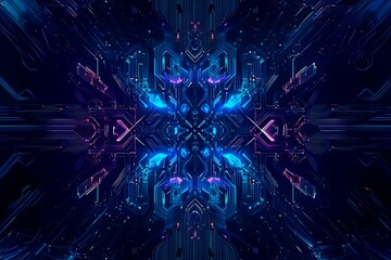 Abstract close-up of a glowing blue digital circuit board, showcasing intricate connections and technological design on a black background.
