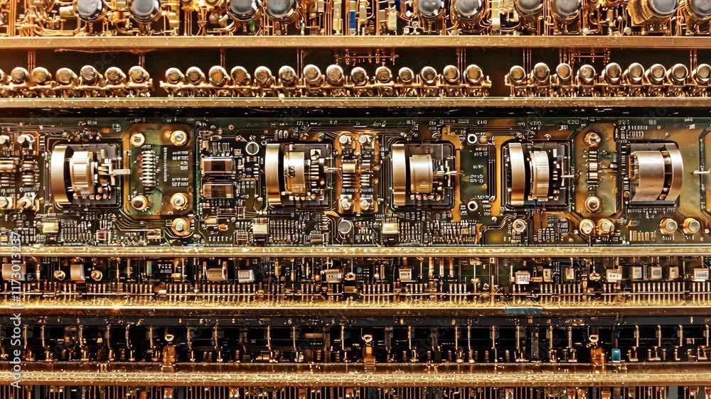 Poster intricate golden circuit board showcasing advanced technology and complex design in a modern setting