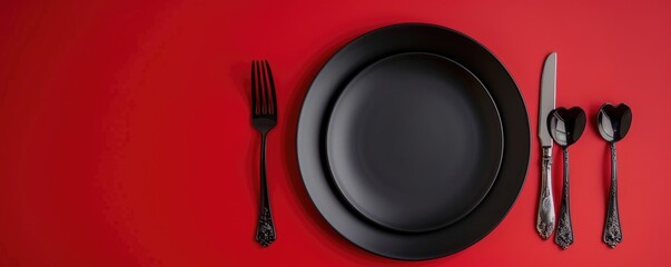 Romantic Setting Table - Cutlery And Plates On Red Table. MZ