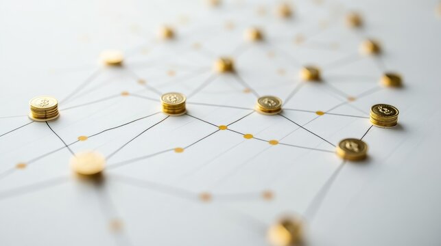 A scatterplot with golden coin points, market analysis concept, contemporary minimal design, isolated on white background 