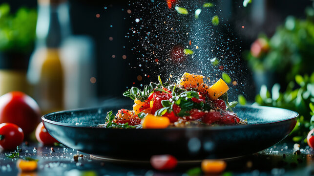 Gourmet dish prepared with fresh ingredients in a professional kitchen setting during the evening