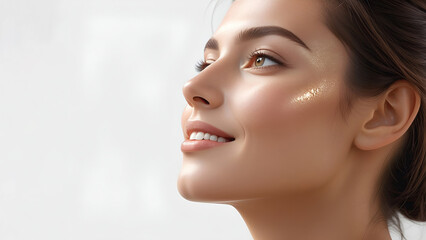 Beautiful woman face with healthy skin and natural make up. skincare advertising concept