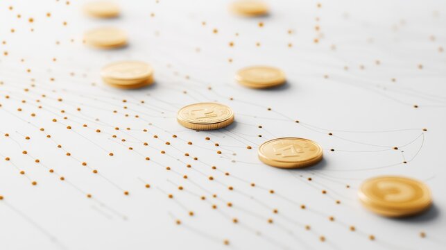 A scatterplot with golden coin points, market analysis concept, contemporary minimal design, isolated on white background 