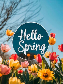 Fototapeta Colorful tulips and daisies bloom under a clear blue sky, welcoming the joy of springtime