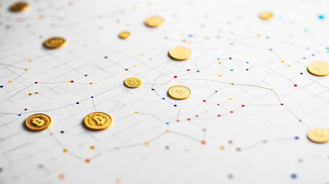 A scatterplot with golden coin points, market analysis concept, contemporary minimal design, isolated on white background 