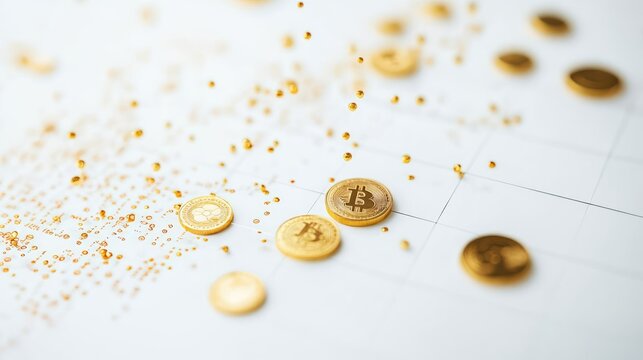 A scatterplot with golden coin points, market analysis concept, contemporary minimal design, isolated on white background 