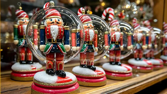 Beautifully crafted nutcracker snow globes displayed on a wooden shelf during the holiday season