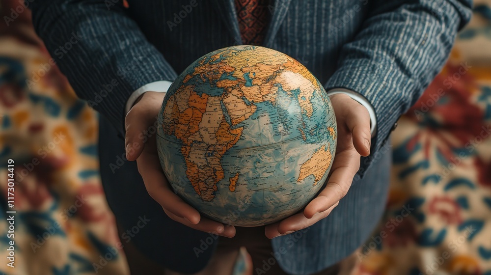 Poster businessman holding globe symbolizing global connection and unity