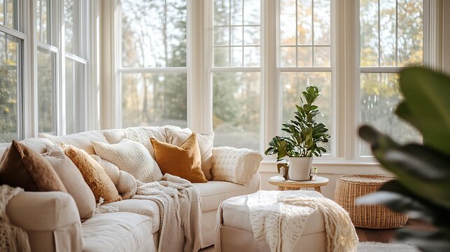 Cozy sunroom with a combination of soft textiles, stylish furniture, and a warm color palette