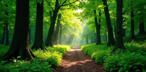 Fototapeta premium A winding path through a lush forest with sunlight filtering through the trees, nature, trees, natural