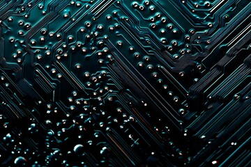 Abstract close-up of a glowing blue digital circuit board, showcasing intricate connections and technological design on a black background.
