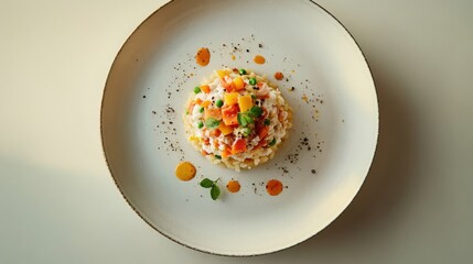 White dining table with artisanal dish on stylish plate and taupe background